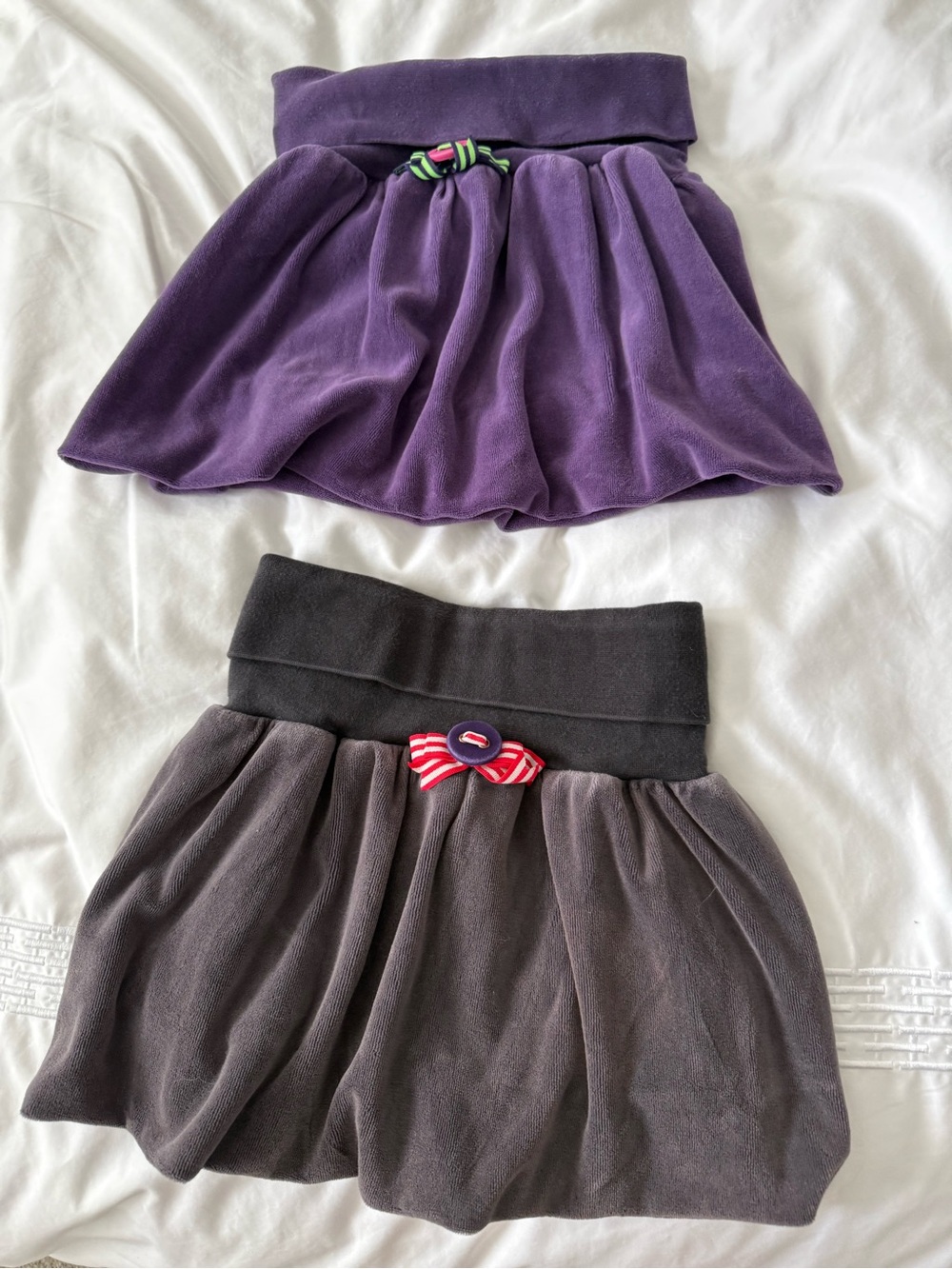 Girls Purple and Gray Stretch Velour Skirts with Bow Accent